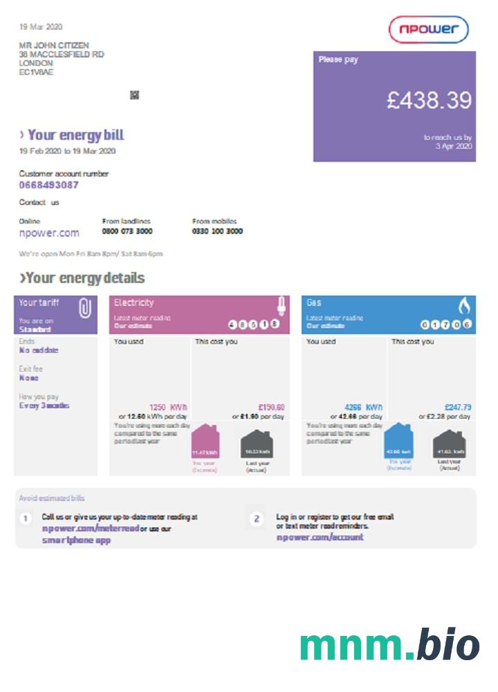 Szablon rachunku za media w Wielkiej Brytanii Npower w formacie Word i PDF